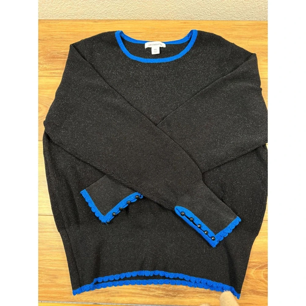 Liz Claiborne Black Blue Sparkle Knit Crew Neck Long Sleeve Sweater XXL NWT $49 - Picture 2 of 11
